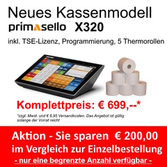 primasello Touchscreen Kassensystem X320 inkl. TSE + Programmierung + 5 Thermorollen