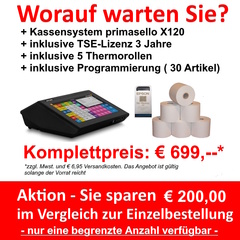 Komplettangebot Kasse primasello X120 inkl. TSE Lizenz + 5 Thermorollen + Programmierung