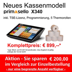 primasello Touchscreen Kassensystem X340 inkl. TSE + Programmierung + 5 Thermorollen