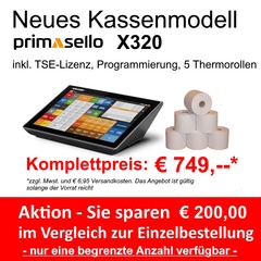 primasello Touchscreen Kassensystem X320 inkl. TSE + Programmierung + 5 Thermorollen