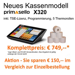 primasello Touchscreen Kassensystem X320 inkl. TSE + Programmierung + 5 Thermorollen