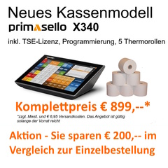 primasello Touchscreen Kassensystem X340 inkl. TSE + Programmierung + 5 Thermorollen