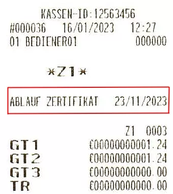 Ablauf TSE-Lizenz bei Sharp-Registrierkassen auf dem Kassenbon