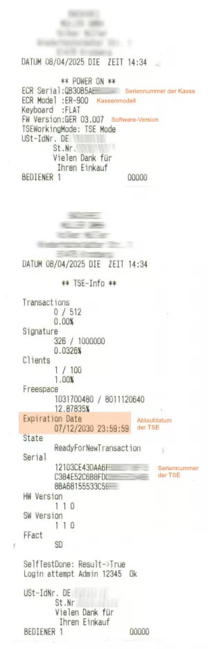 Ablauf TSE-Lizenz bei Multi Data Registrierkassen auf dem Kassenbon