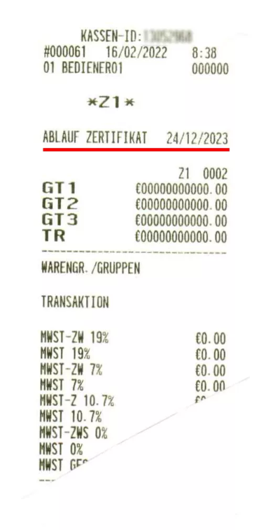 Ablaufdatum der TSE-Lizenz auf dem Kassenbon
