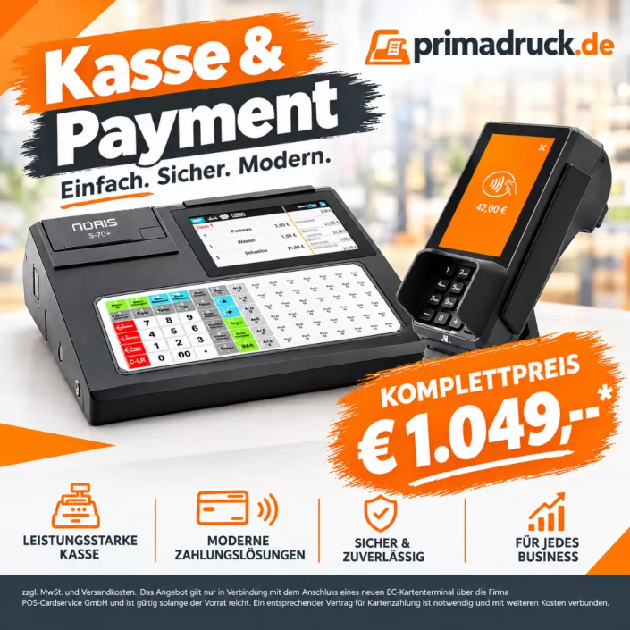 Angebot Kasse und Payment: Registrierkasse Noris S-70+ mit EC-Kartenterminal zum Komplettpreis von 1.049 Euro